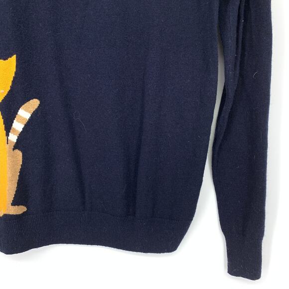 J.Crew Factory Crew Neck Sweater Womens Sz M Navy Blue Cat Graphic Wool Blend - Picture 4 of 7